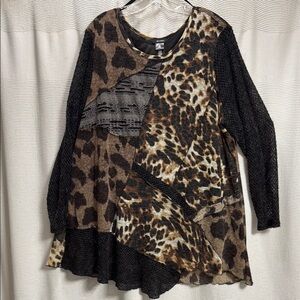 Ali Miles Animal print tunic SZ 3X mixed print patchwork mesh sleeve semi sheer